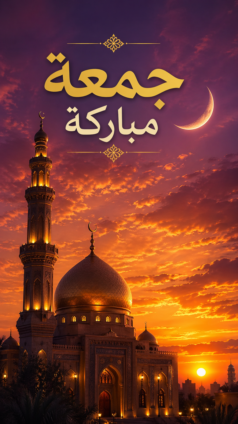 Jummah Mubarak mosque silhouette golden dome minaret sunset crescent moon Arabic text
